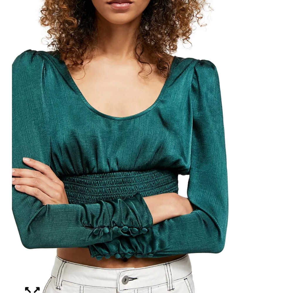 Free People Santiago Satin Cropped Blouse in Evergreen Ruched with Button Sleeve